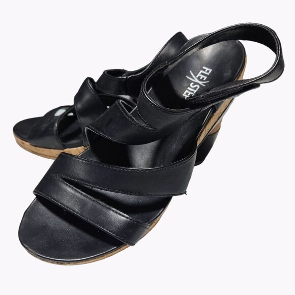 Flex Step Black Faux Leather Sandals Womens 7.5 M Strappy Sling Back Wedge Heels - Picture 1 of 14